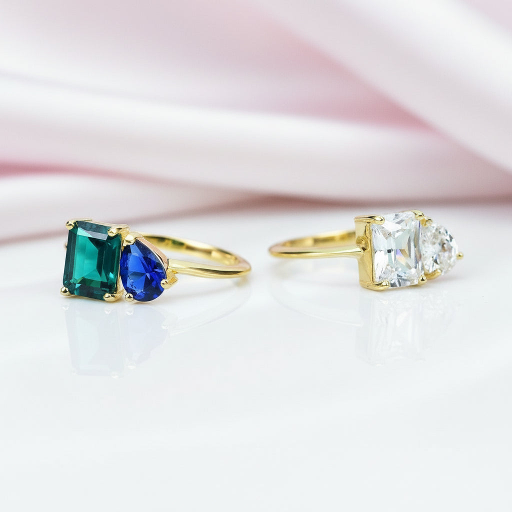 Yellow Gold Emerald & Pear Cut Solitaire Engagement Ring-Black Diamonds New York