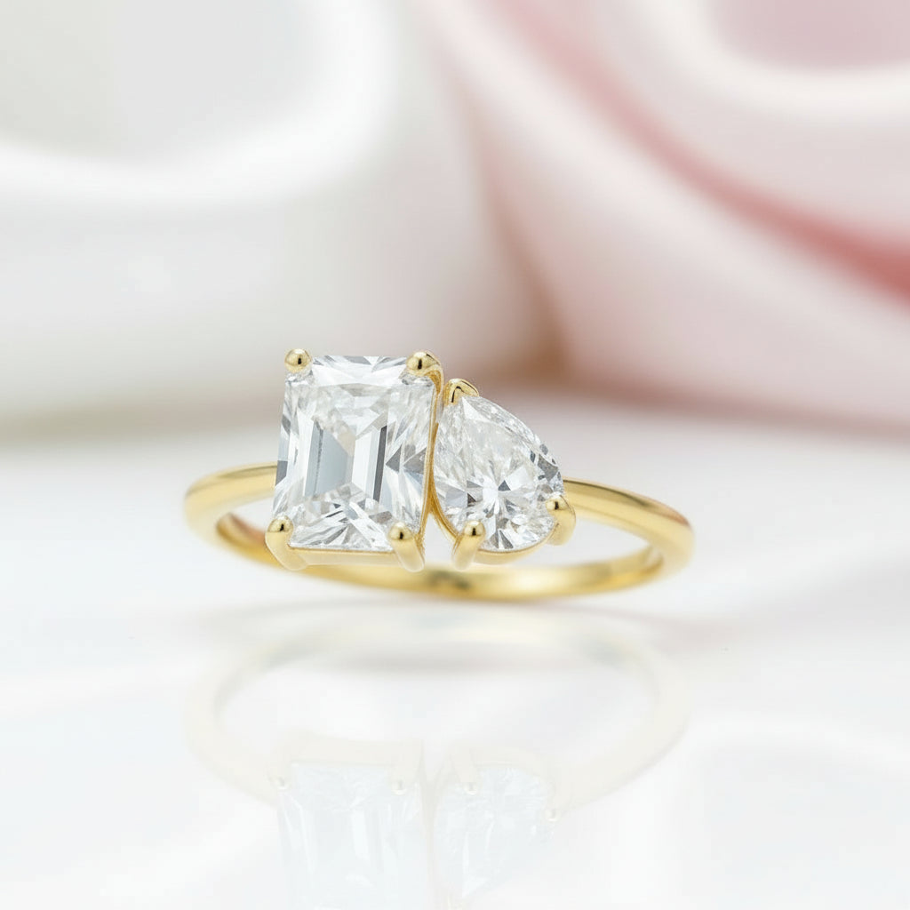 Yellow Gold Emerald & Pear Cut Solitaire Engagement Ring-Black Diamonds New York