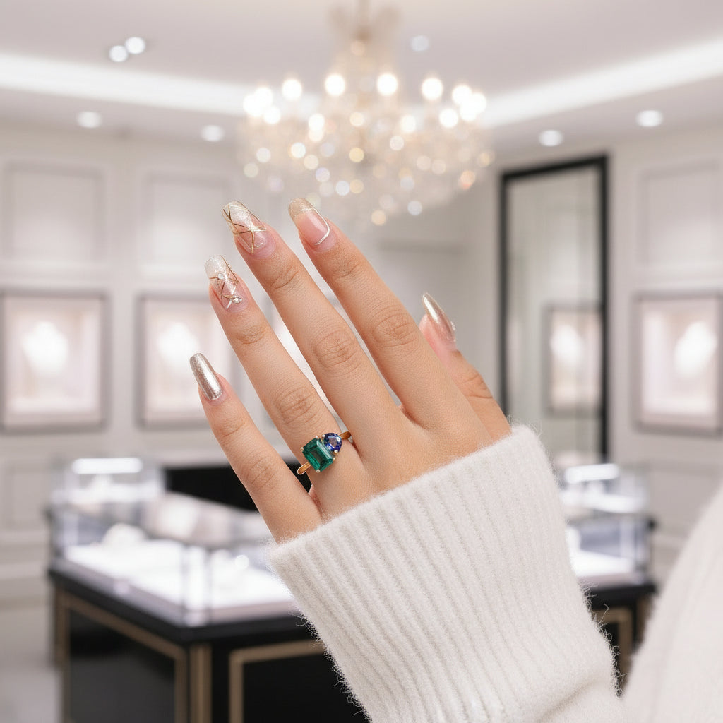 Yellow Gold Emerald & Pear Cut Solitaire Engagement Ring-Black Diamonds New York