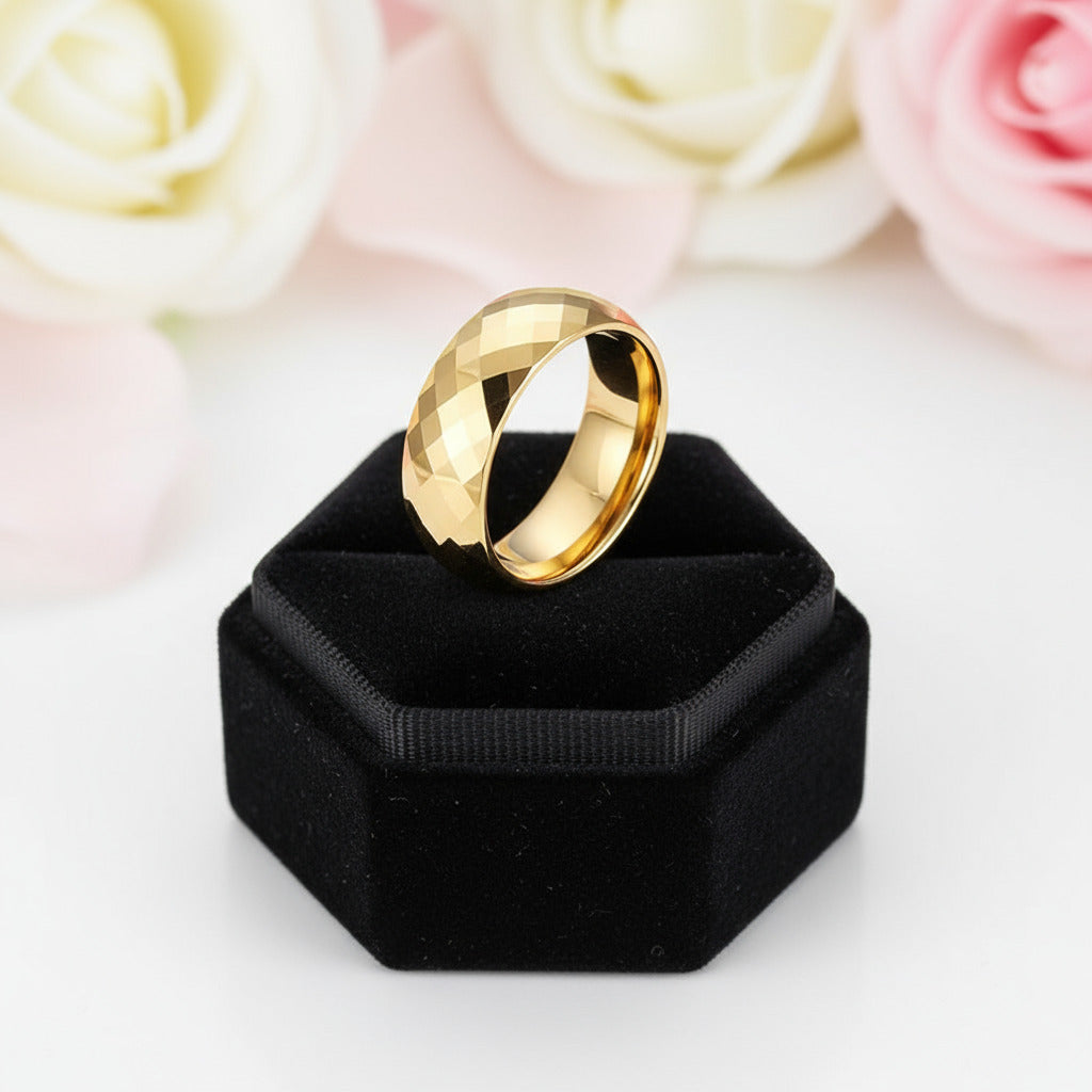 Yellow Gold Rhombus Tungsten Men's Wedding Band-Black Diamonds New York