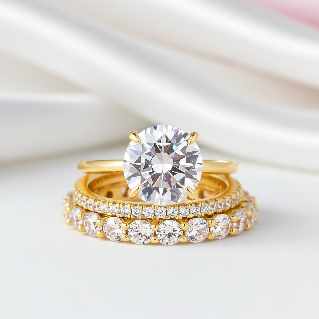 Yellow Gold Round Cut 3PC Wedding Ring Set-Black Diamonds New York