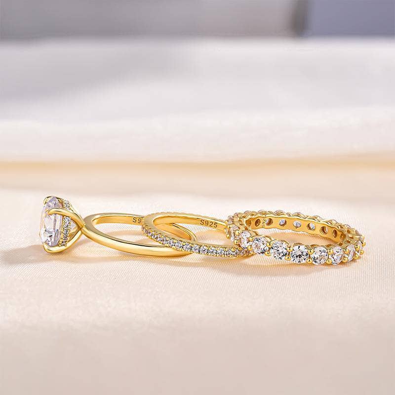 Yellow Gold Round Cut 3PC Wedding Ring Set - Black Diamonds New York