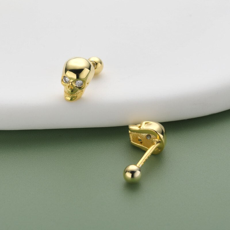 Yellow Gold Skull EVN Stone Screw Stud Earrings-Black Diamonds New York