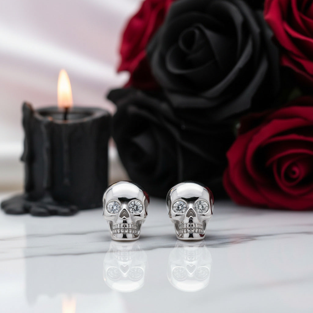 Skull Yellow Gold Diamond Screw Stud Earrings-Black Diamonds New York