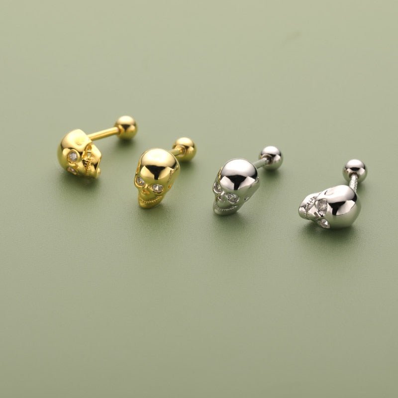 Yellow Gold Skull EVN Stone Screw Stud Earrings-Black Diamonds New York