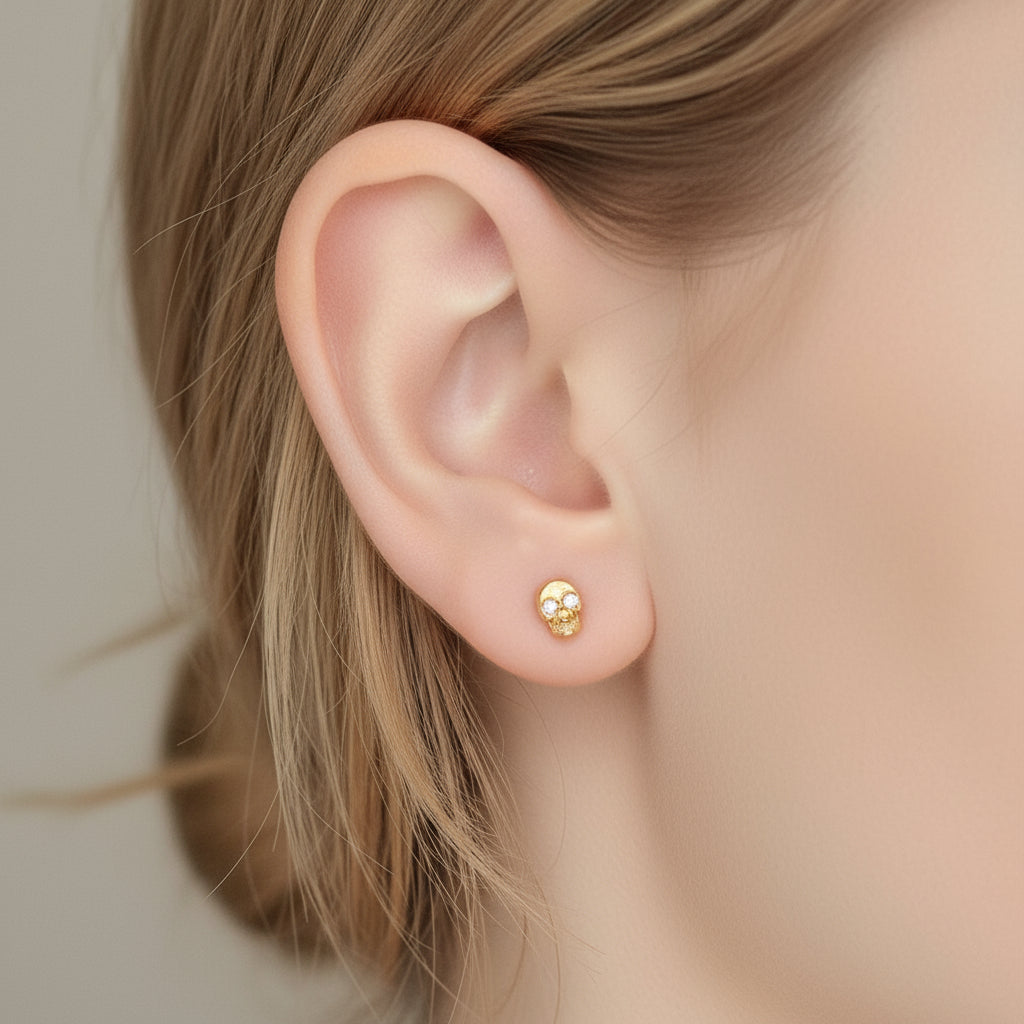 Skull Yellow Gold Diamond Screw Stud Earrings-Black Diamonds New York