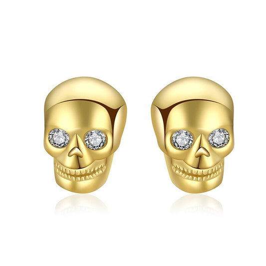 Yellow Gold Skull Created Diamond Screw Stud Earrings-Black Diamonds New York