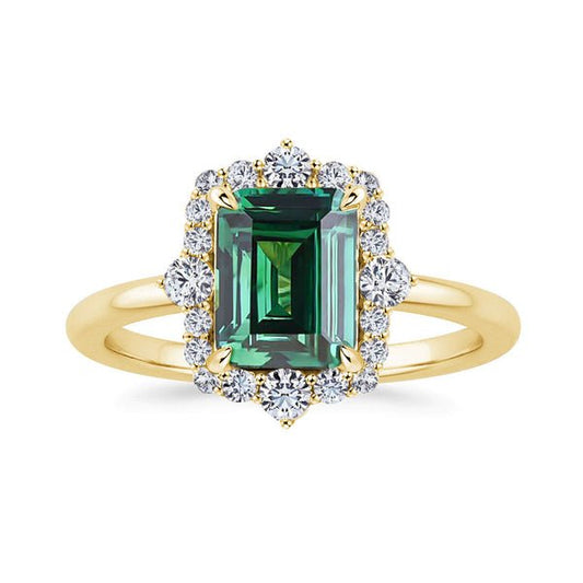 Yellow Gold Diamond Halo Emerald Cut Engagement Ring-Black Diamonds New York
