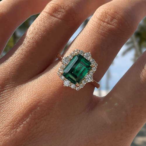 Yellow Gold Diamond Halo Emerald Cut Engagement Ring-Black Diamonds New York