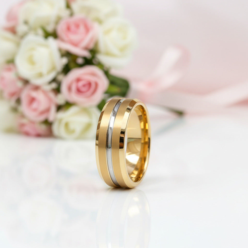 Yellow Gold Tungsten Men's Wedding Band-Black Diamonds New York
