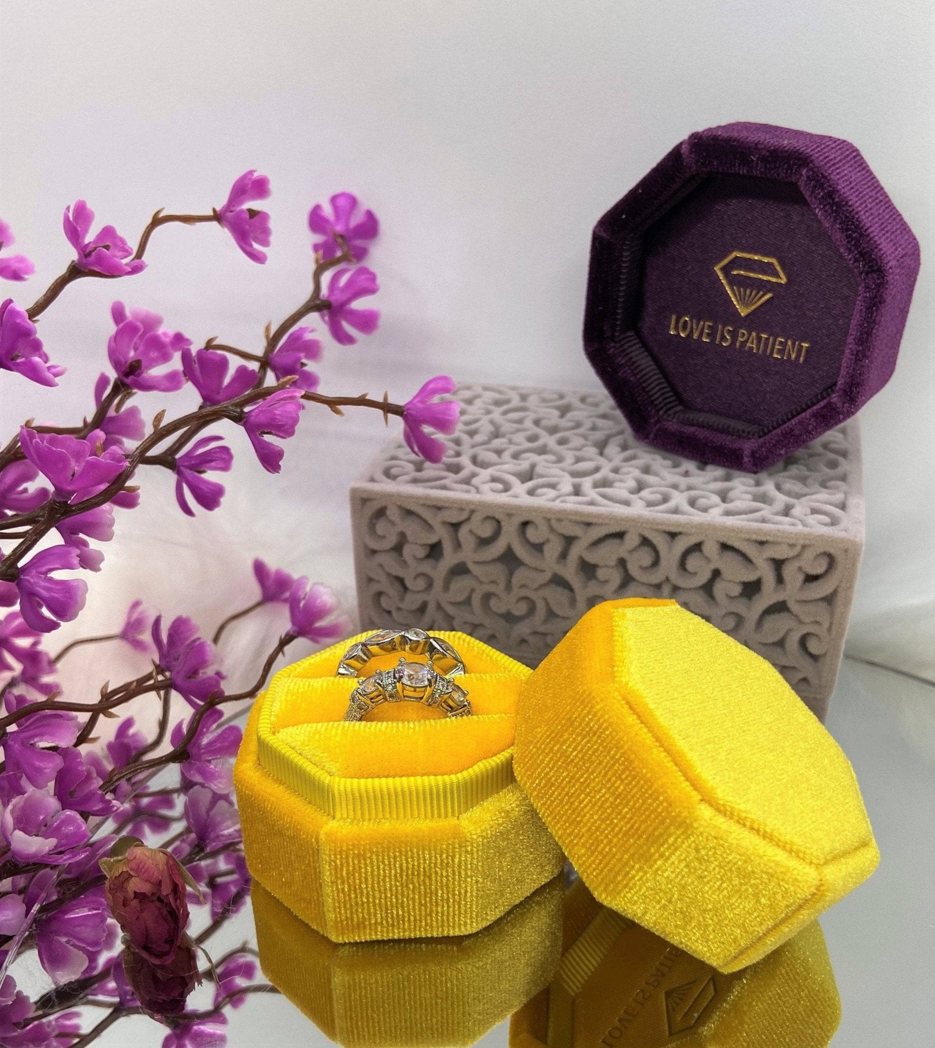 Yellow Love Is Patient Double Ring Slots Octagon Velvet Ring Box-Black Diamonds New York