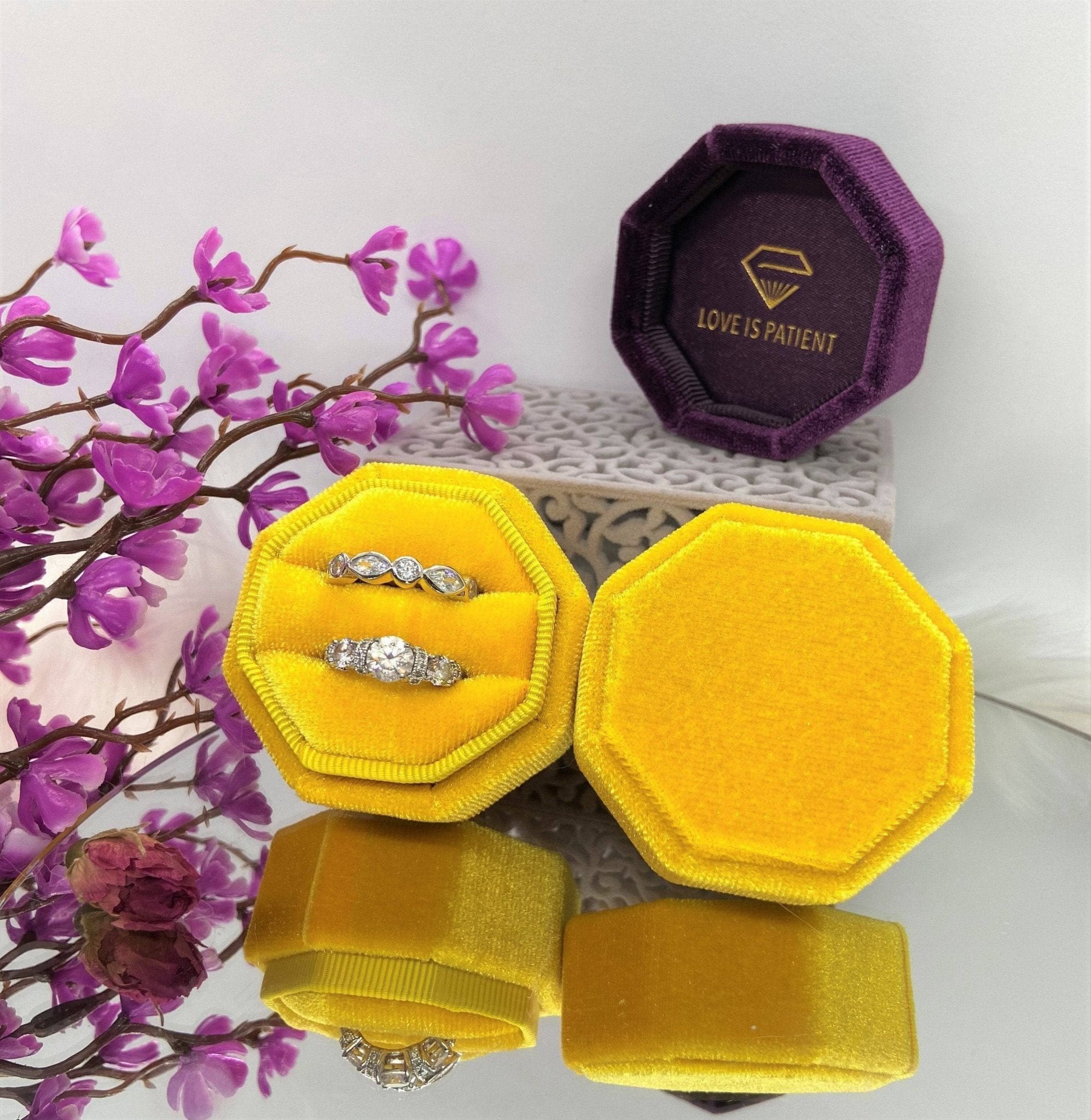 Yellow Love Is Patient Double Ring Slots Octagon Velvet Ring Box-Black Diamonds New York