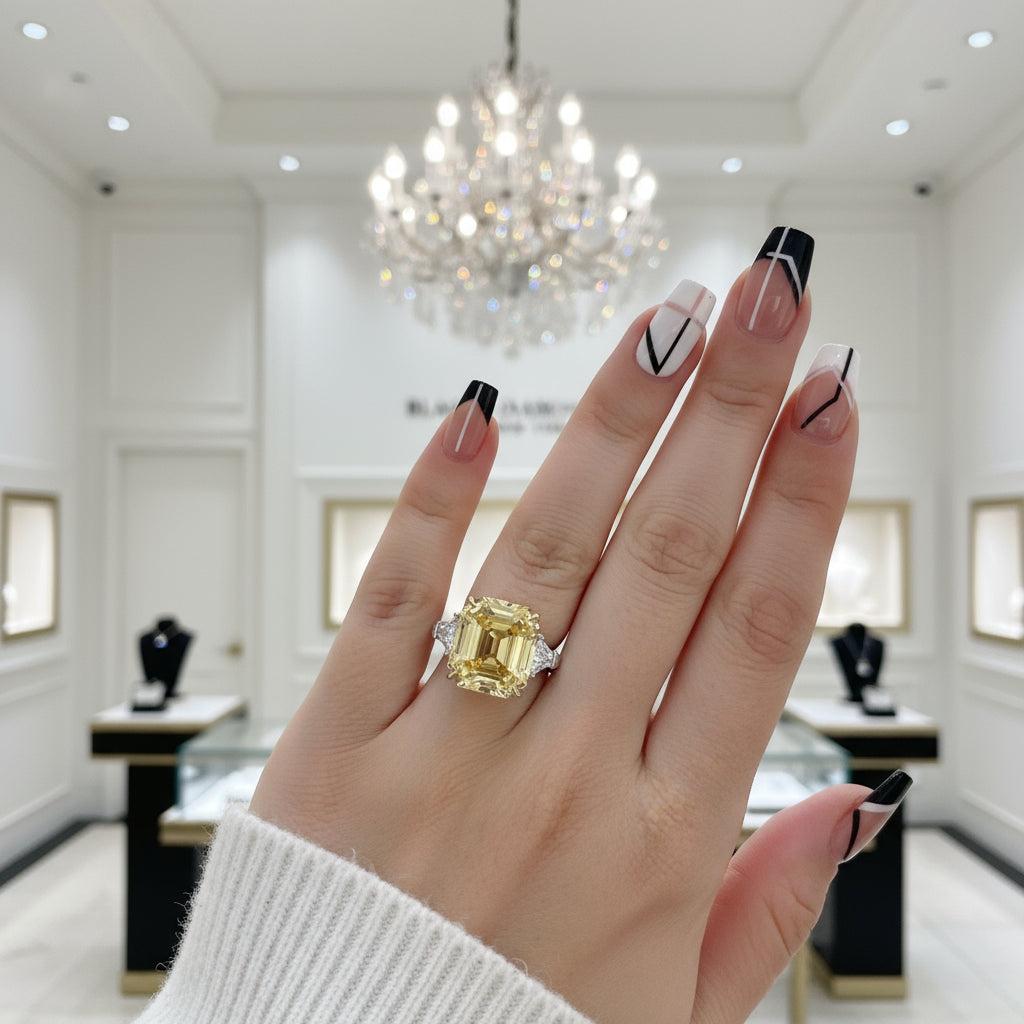 Yellow Sapphire Asscher Cut Three Stone Engagement Ring-Black Diamonds New York