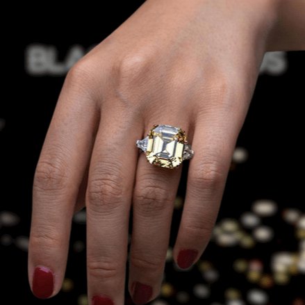 Yellow Sapphire Asscher Cut Three Stone Engagement Ring-Black Diamonds New York