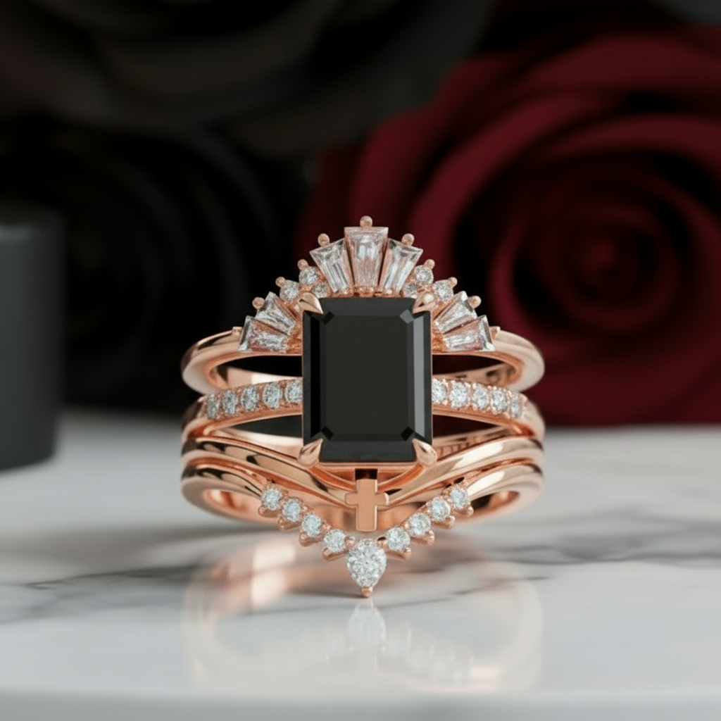 You Are Worth It- Black Emerald Cut Diamond Gothic Promise Ring Set-Black Diamonds New York