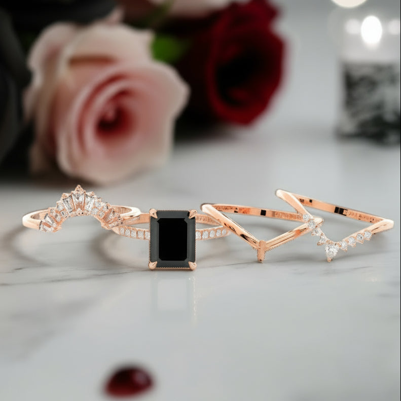 You Are Worth It- Black Emerald Cut Diamond Gothic Promise Ring Set-Black Diamonds New York