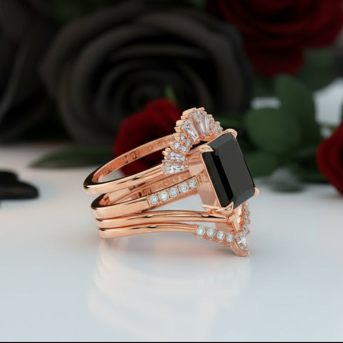 You Are Worth It- Black Emerald Cut Diamond Gothic Promise Ring Set-Black Diamonds New York