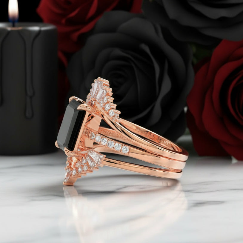 You Are Worth It- Black Emerald Cut Diamond Gothic Promise Ring Set-Black Diamonds New York