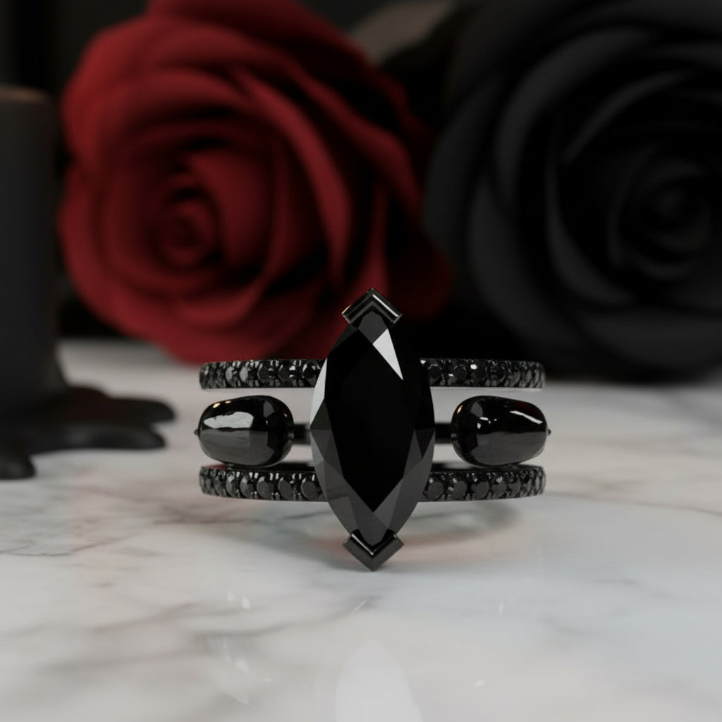 You & Me Rings- 14K Rose Gold Gothic Wedding Rings-Black Diamonds New York