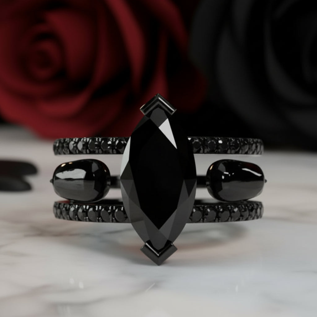 You & Me Rings- 14K Rose Gold Gothic Wedding Rings-Black Diamonds New York