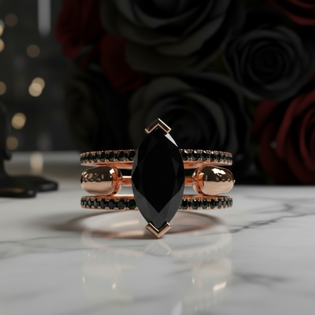 You & Me Rings- 14K Rose Gold Gothic Wedding Rings-Black Diamonds New York