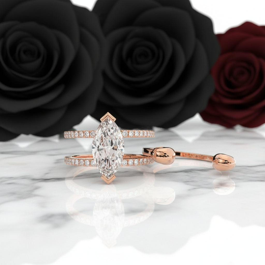 You & Me Rings- 14K Rose Gold Gothic Wedding Rings-Black Diamonds New York