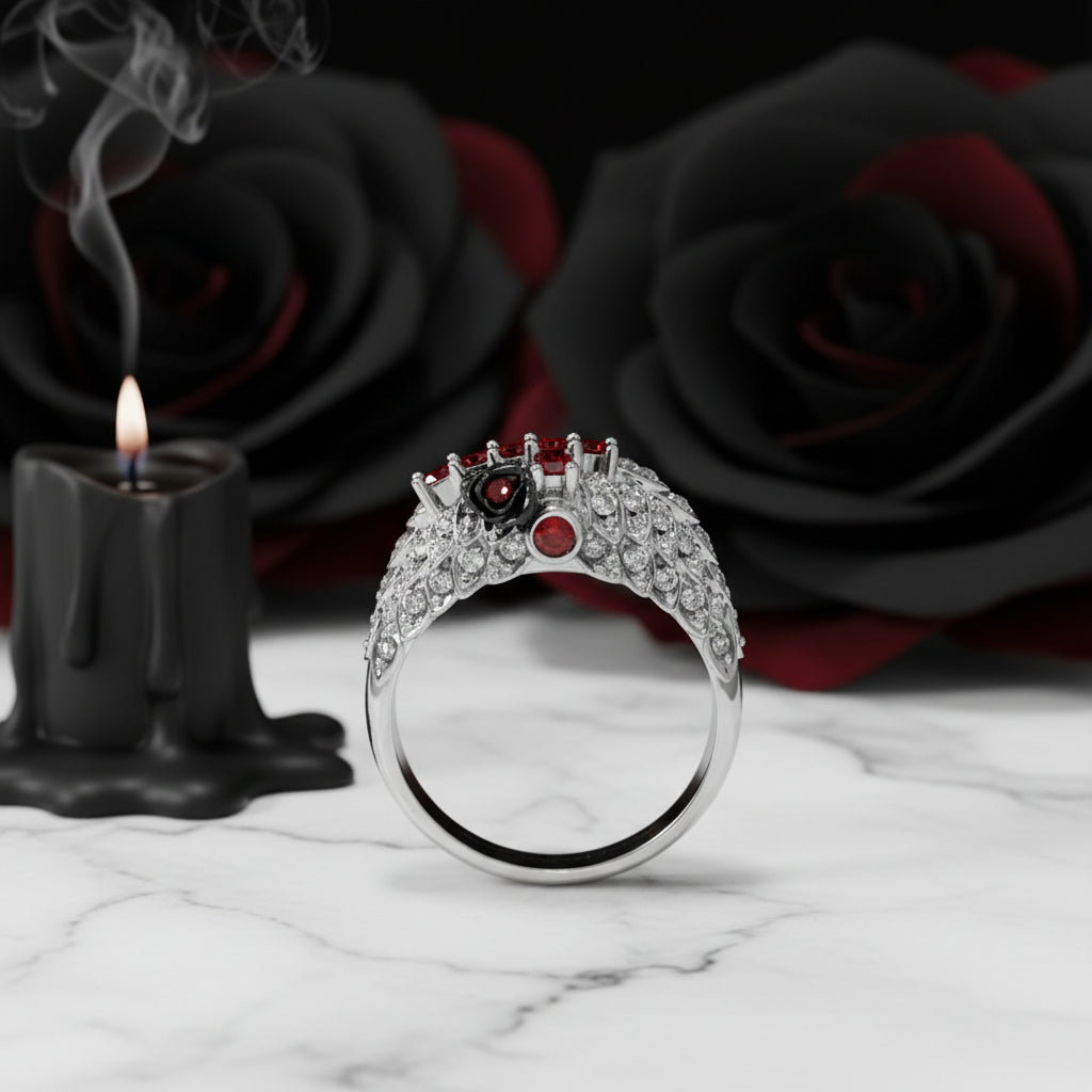 You're My Life- 14K Gold Skull, Cross Black Rose Diamond Gothic Promise Ring-Black Diamonds New York