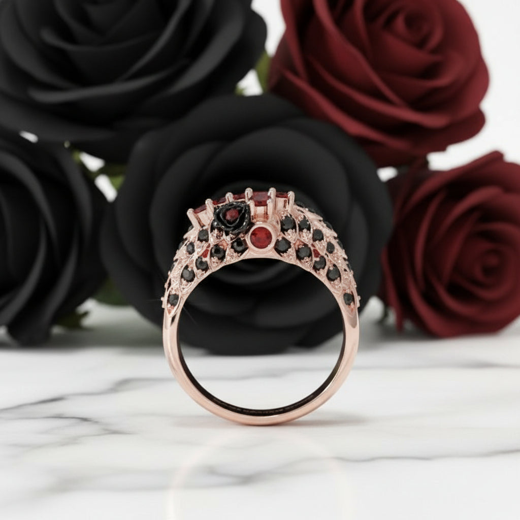 You're My Life- 14K Gold Skull, Cross Black Rose Diamond Gothic Promise Ring-Black Diamonds New York