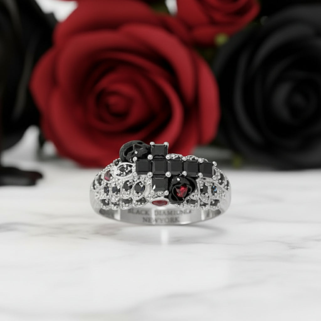 You're My Life- 14K Gold Skull, Cross Black Rose Diamond Gothic Promise Ring-Black Diamonds New York