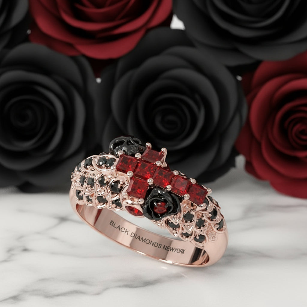 You're My Life- 14K Gold Skull, Cross Black Rose Diamond Gothic Promise Ring-Black Diamonds New York