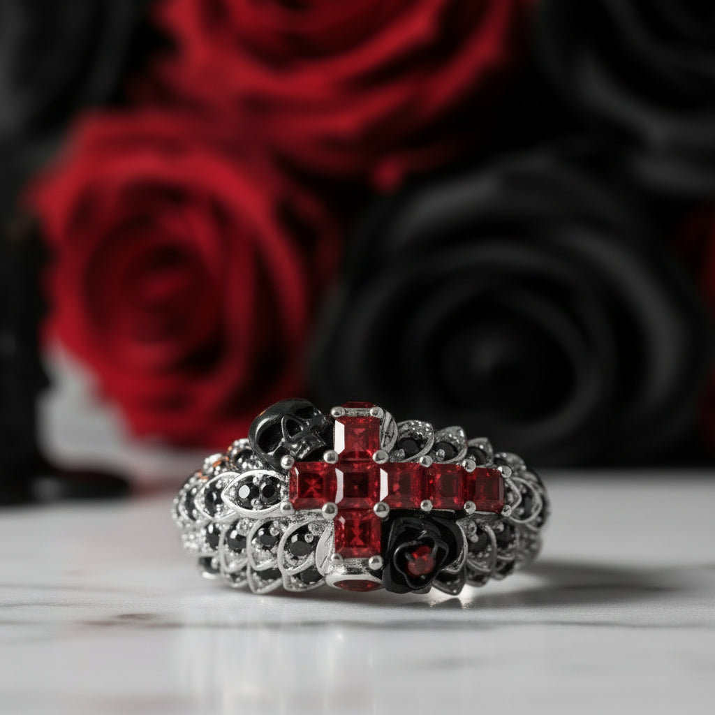 You're My Life- 14K Gold Skull, Cross Black Rose Diamond Gothic Promise Ring-Black Diamonds New York