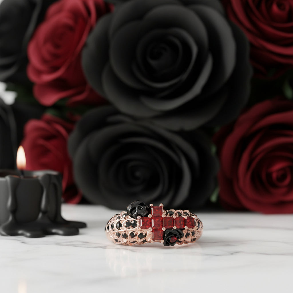 You're My Life- 14K Gold Skull, Cross Black Rose Diamond Gothic Promise Ring-Black Diamonds New York