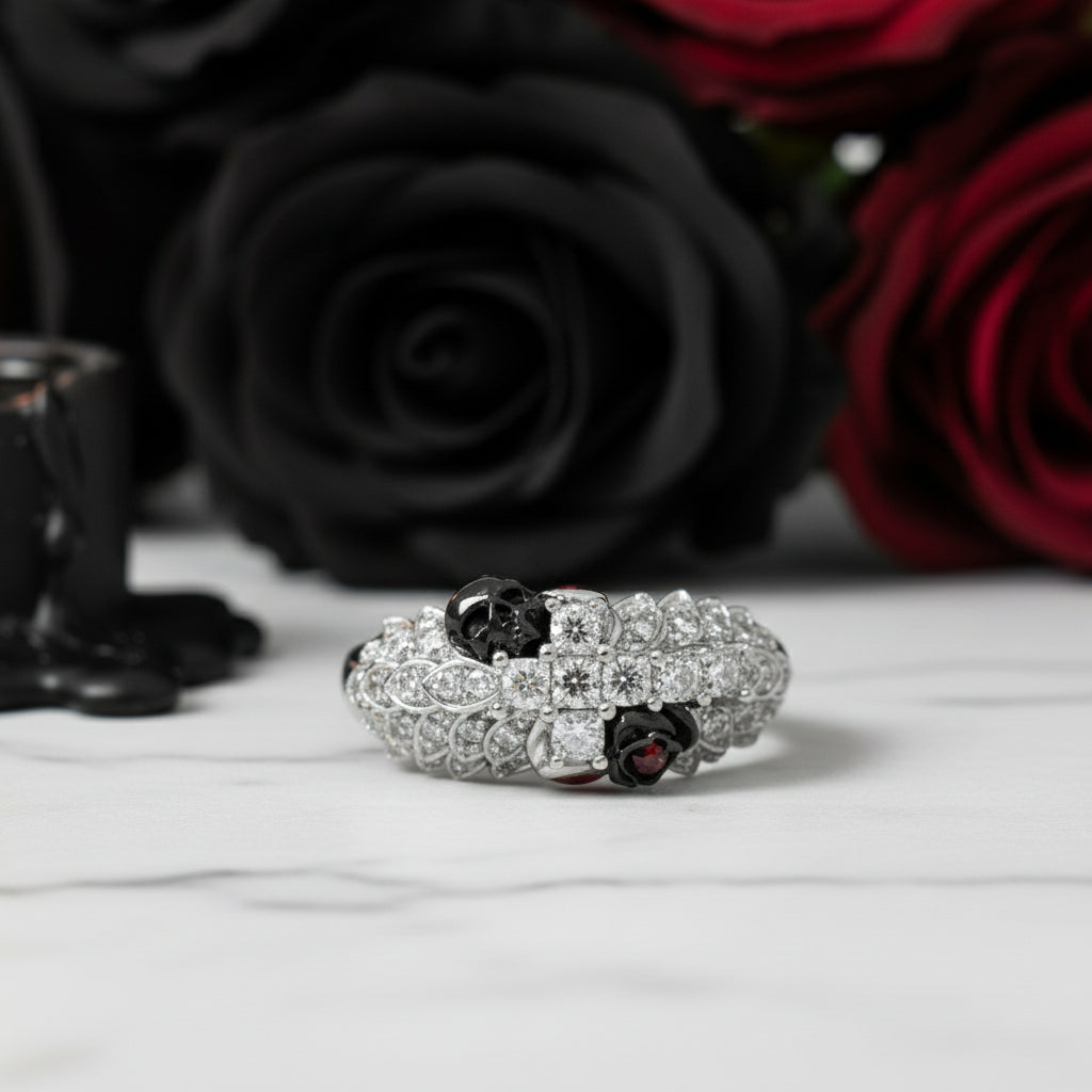 You're My Life- 14K Gold Skull, Cross Black Rose Diamond Gothic Promise Ring-Black Diamonds New York