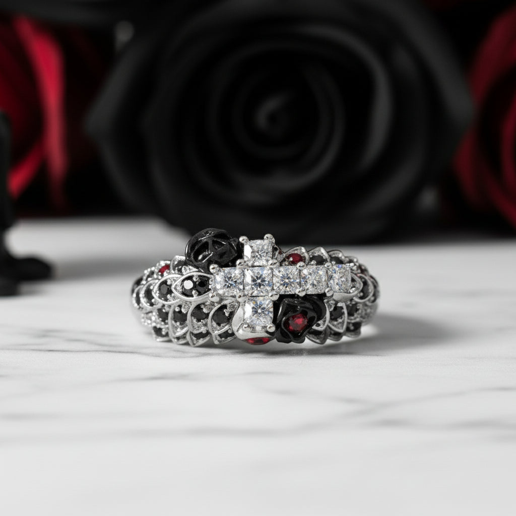 You're My Life- 14K Gold Skull, Cross Black Rose Diamond Gothic Promise Ring-Black Diamonds New York