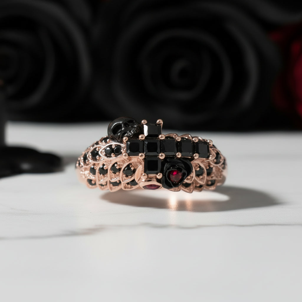 You're My Life- 14K Gold Skull, Cross Black Rose Diamond Gothic Promise Ring-Black Diamonds New York