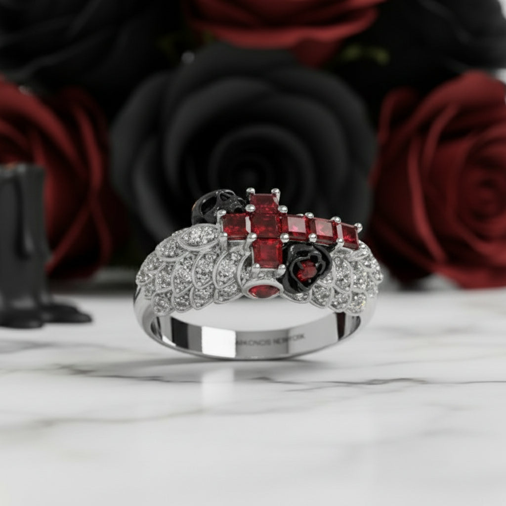 You're My Life- 14K Gold Skull, Cross Black Rose Diamond Gothic Promise Ring-Black Diamonds New York