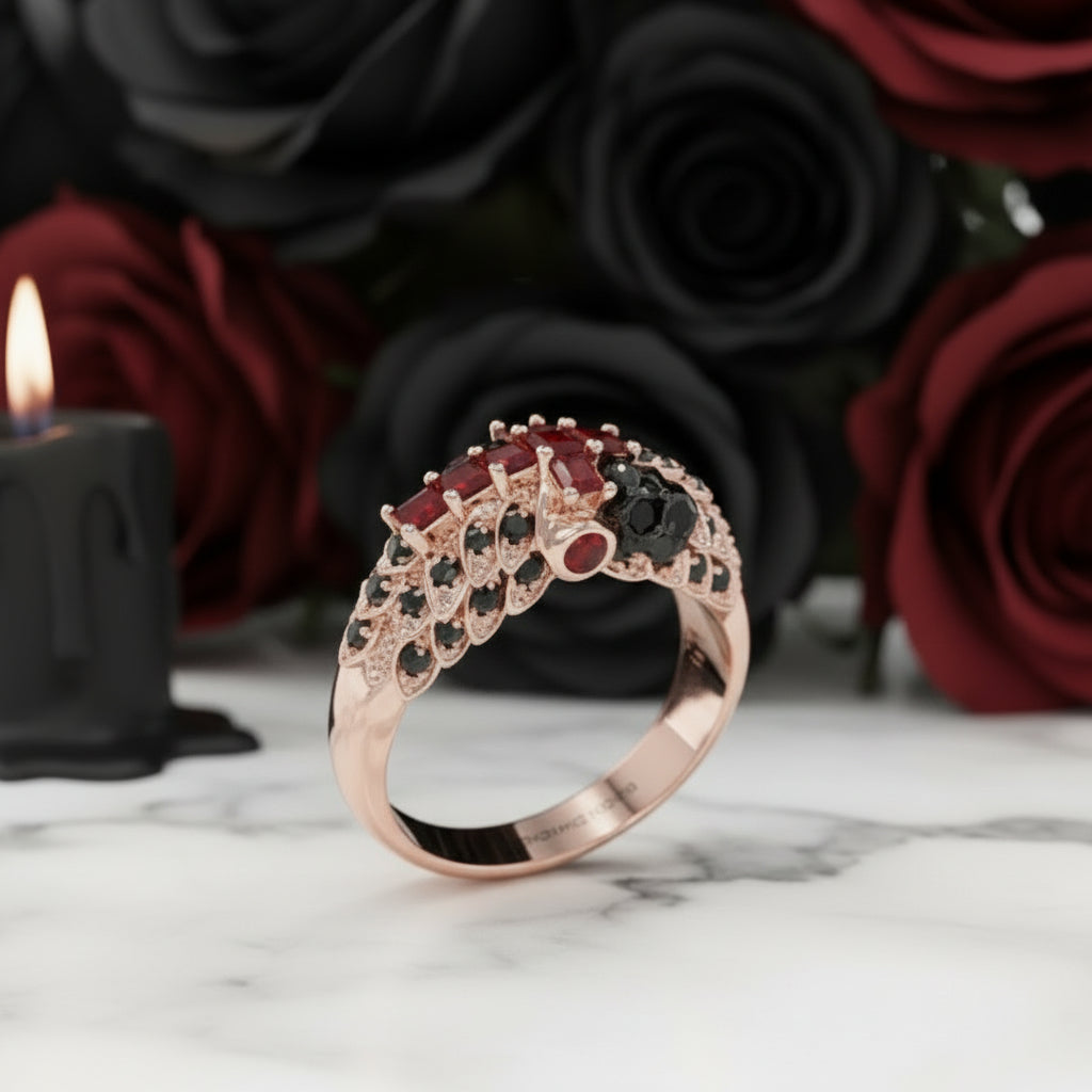 You're My Life- 14K Gold Skull, Cross Black Rose Diamond Gothic Promise Ring-Black Diamonds New York