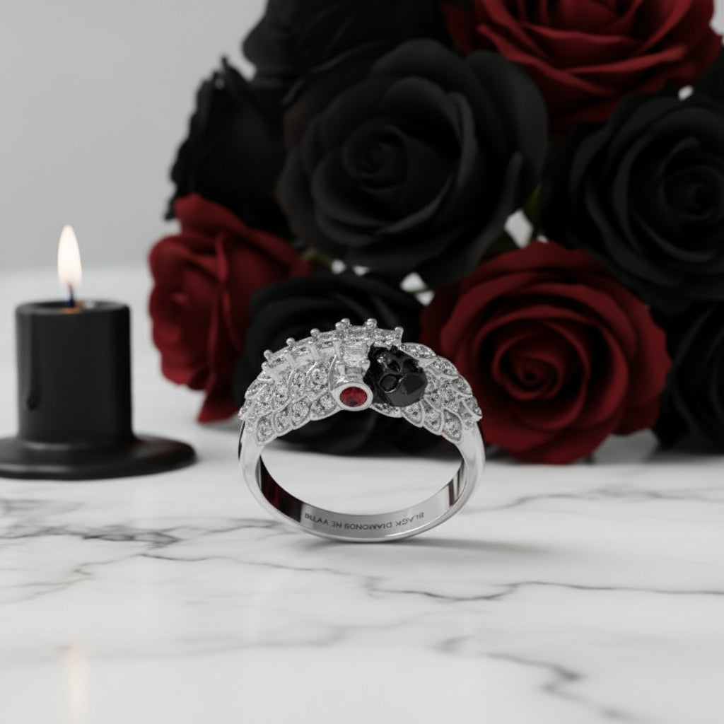 You're My Life- 14K Gold Skull, Cross Black Rose Diamond Gothic Promise Ring-Black Diamonds New York