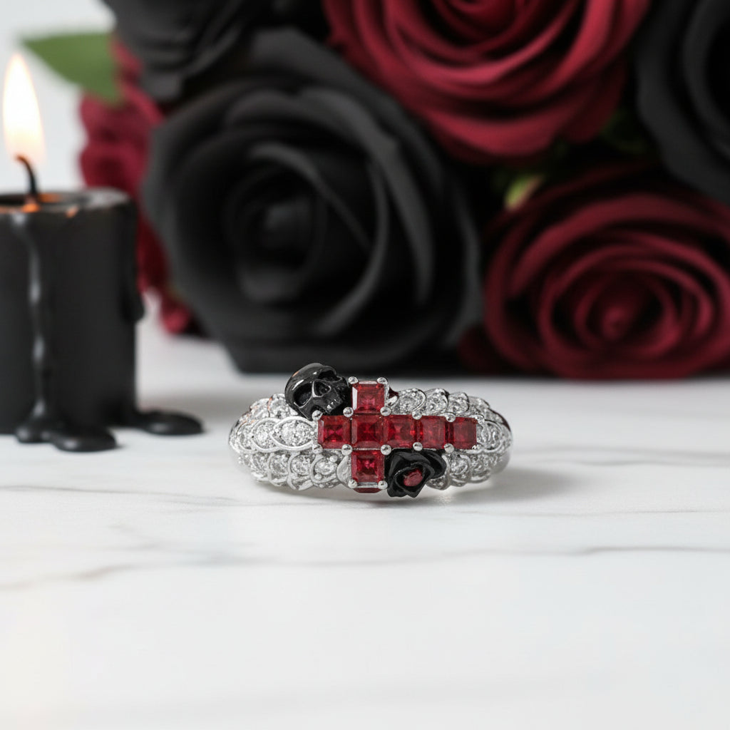 You're My Life- 14K Gold Skull, Cross Black Rose Diamond Gothic Promise Ring-Black Diamonds New York