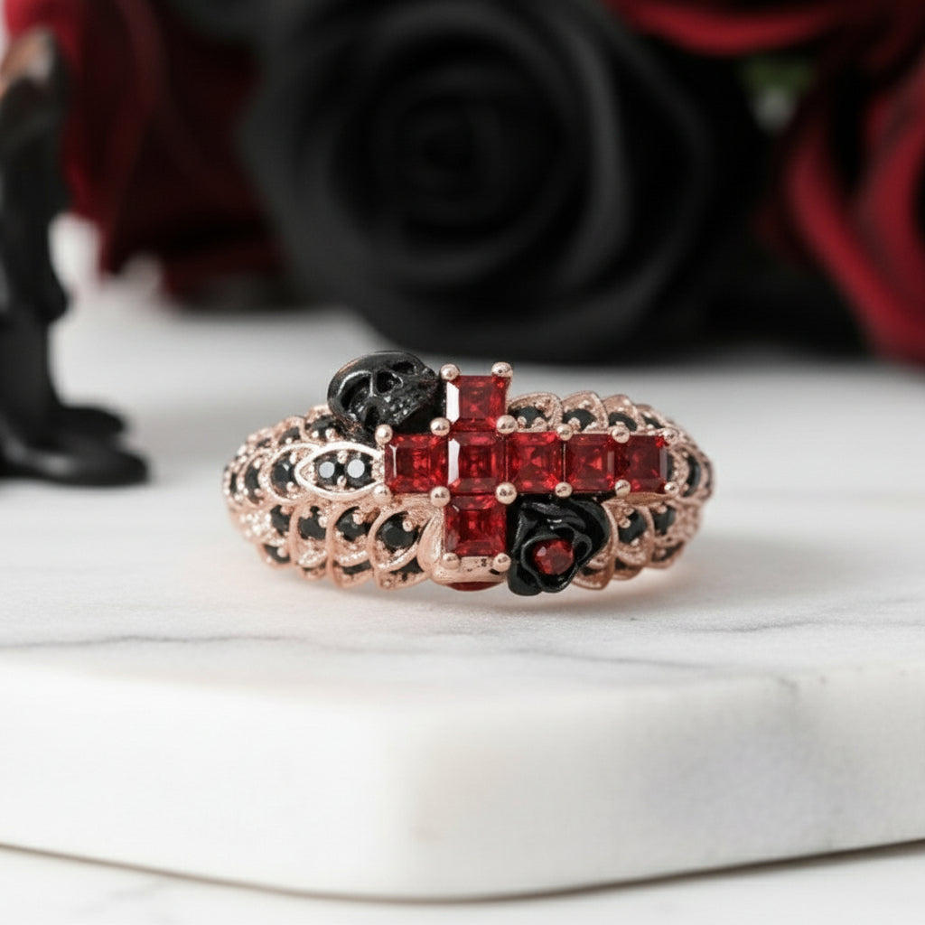 You're My Life- 14K Gold Skull, Cross Black Rose Diamond Gothic Promise Ring-Black Diamonds New York